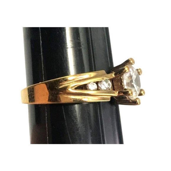 Gold Tone Cocktail Engagement Ring CZ Solitaire & Graduated Side Stones Sz 9.75 - Picture 4 of 5